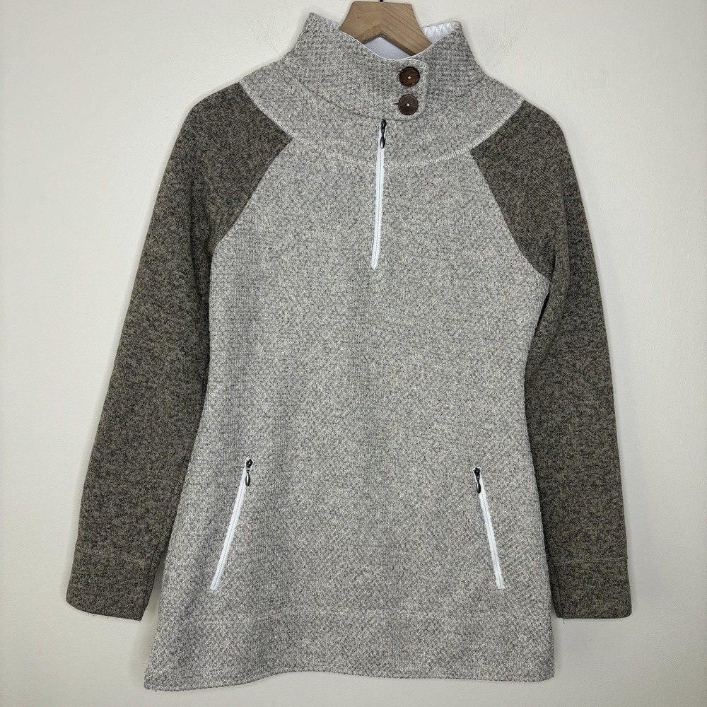 Prana Henley Small Polartec Fleece Sweater Pullover Gray Brown Cowl Mock Neeck - Picture 1 of 11